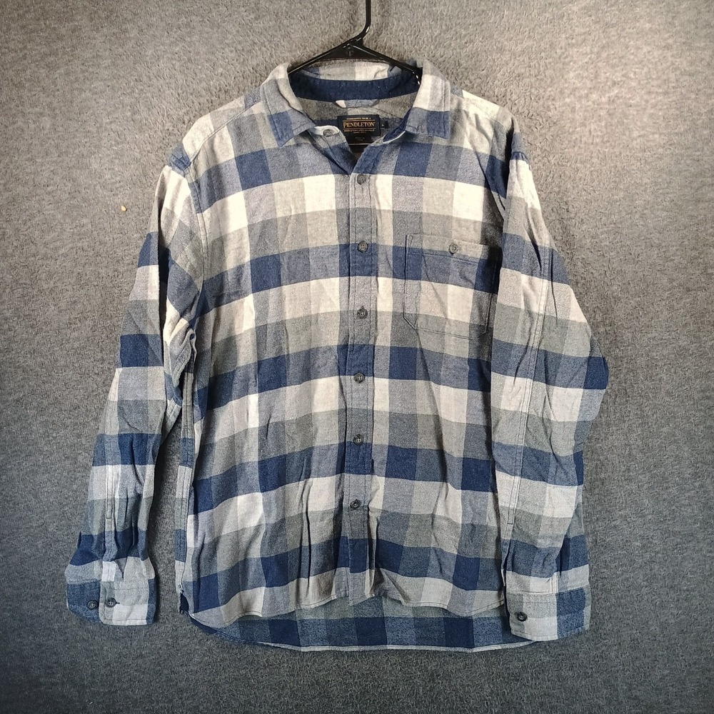 Pendleton Flannel Shirt‎ Mens XL Navy/Grey Plaid 100% Cotton Hiking Outdoors